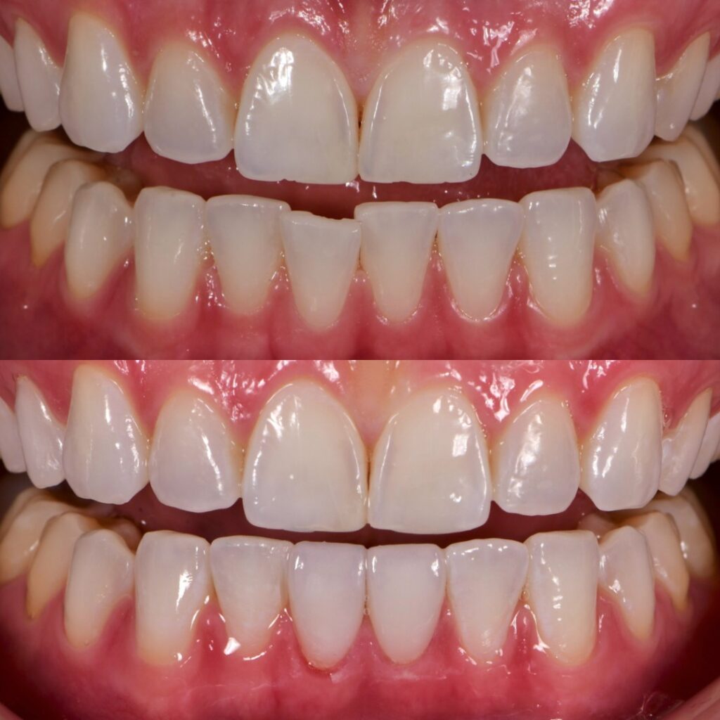 The image shows two close-up views of a person s teeth with a pinkish hue, likely due to lipstick or a similar cosmetic product, against a white background.