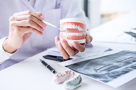 The image shows two photographs side by side  on the left, a dental professional wearing a white lab coat is holding up a tooth model and examining it with a magnifying glass  on the right, a hand holds a cup of teeth models in front of a desk with various medical equipment and images.